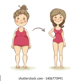 From fat to slim. Funny young woman in a pink bathing suit, vector illustration.