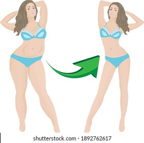 Fat and slim girl before and after dieting or weight loss exercising. good workout result the concept vector illustration