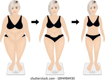 Fat and slim girl before and after dieting or weight loss exercising. good workout result the concept vector illustration