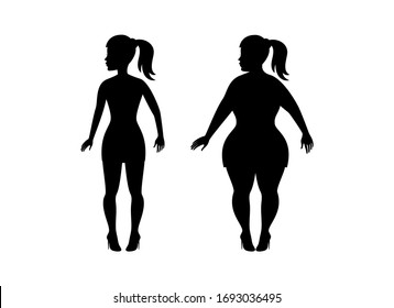 Fat And Slim Girl Black Silhouette Icon Vector. Curvy Women Black Silhouette Icon. Plus Size Women Icon Set. Fat And Slim Woman Vector