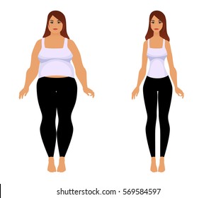 Fat and slim girl. Female body before and after weight loss, diet and fitness. Woman in sportswear isolated