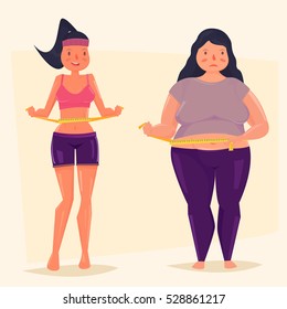 Fat and slim girl measuring waist