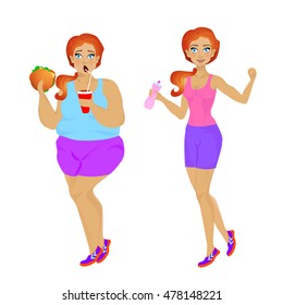 Fat and slim girl, weight loss concept. Woman before and after weight loss. Cartoon funny characters. Vector illustration