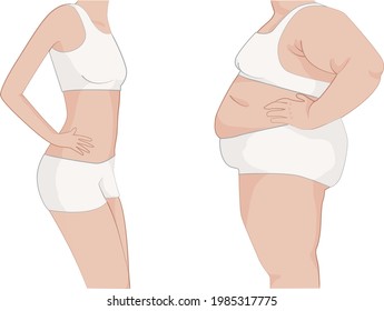 Fat and slim girls. Before and after. Weight loss concept. Vector illustration