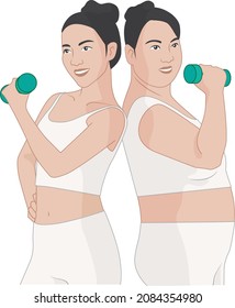 Fat and slim girls. Before and after. Weight loss concept. Vector illustration