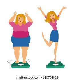Fat and slim girls. Sadly thick woman and happy slender woman. Before and after. Weight loss concept. Vector illustration