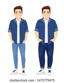 Fat and slim handsome man in casual clothes , before and after weight loss isolated vector illustration