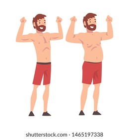Fat and Slim Man, Bearded Man Before and After Weight Loss, Male Body Changing Through Healthy Nutrition or Sports Vector Illustration