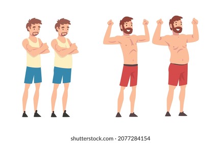 Fat and Slim Man Before and After Weight Loss Vector Set
