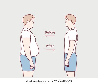 Fat And Slim Man Before And After Weight Loss. Diet And Fitness. Hand Drawn Style Vector Design Illustrations.