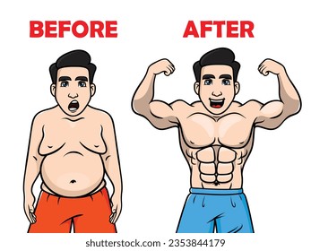 Fat and slim man, before and after Weight loss concept, vector muscular and chubby guy, Fat vs Slim, Stages of weight loss for men, Healthy vs unhealthy male cartoon, muscular and belly fat boy.