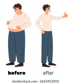 Homem gordo e magro. Antes e depois da perda de peso. Dieta e nutrição adequada. Calorias nos alimentos para animais. Cara com excesso de peso. Emagrecimento pessoal. Homem esbelto ou obeso. Obesidade não saudável. Cintura de barriga. Conceito de vetor