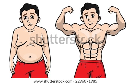 Fat and slim man, before and after Weight loss concept, vector muscular and chubby guy, Fat vs Slim, Stages of weight loss for men, Healthy vs unhealthy male cartoon, muscular and belly fat boy.