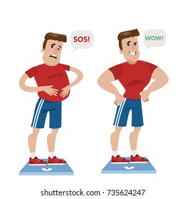 From fat to slim. Fat man with obesity on scale vs slim man with muscles.