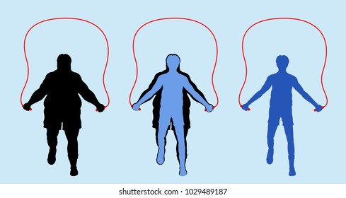 Fat and Slim Man Silhouette Exercising with Jumping Rope. All the objects are in different layers.