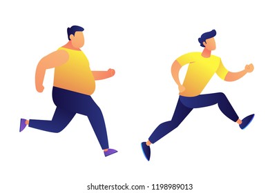 Fat and slim men running vector illustration. Keeping fit and fitness exercises, jogging competition and sport achievement, weight loss and healthy lifestyle concept. Isolated on white background.