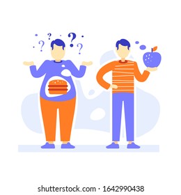 Fat and slim men, thick and thin male person comparison, obesity and fit body, overweight or over consumption, reduce weight program, good diet, before and after, vector flat illustration