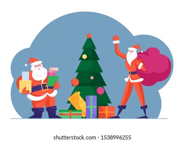 Fat and Slim Santa Clauses Delivering Presents at Christmas Night. Father Noel Carry Sack with Gifts Put to Decorated Xmas Tree with Ball on Top. New Year Tradition. Cartoon Flat Vector Illustration