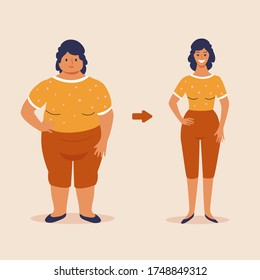Fat and slim woman, before and after weight loss concept illustration, vector flat design