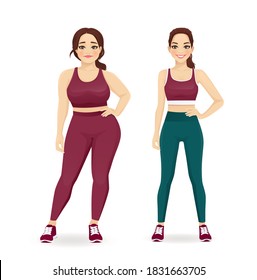 Fat and slim woman, before and after weight loss in sportswear vector illustration isolated