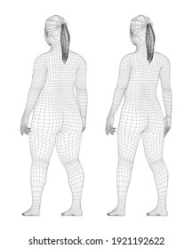 Fat and slim woman, before and after weight loss. Vector 3d rendering. Rear view