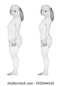 Fat and slim woman, before and after weight loss in sportswear. Vector 3d rendering