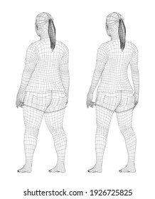 Fat and slim woman, before and after weight loss in sportswear. Vector 3d rendering. Rear view
