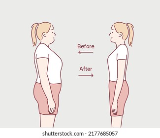 Mujer gorda y delgada antes y después de la pérdida de peso. Dieta y fitness. Ilustraciones de diseño vectorial de estilo dibujado a mano.