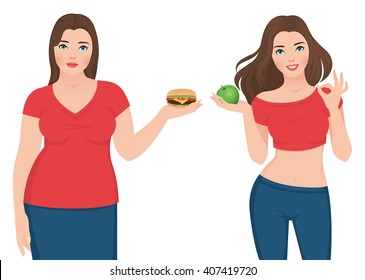 Fat and slim woman before and after weight loss Stock vector illustration