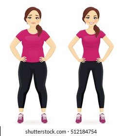 Fat and slim woman, before and after weight loss in sportswear isolated