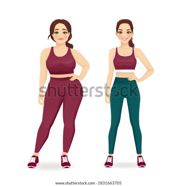 Fat And Slim Woman Before And After Weight Loss In Sportswear Vector Illustration Isolated