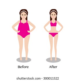 Fat and slim woman figures, before and after weight loss isolated vector illustration
