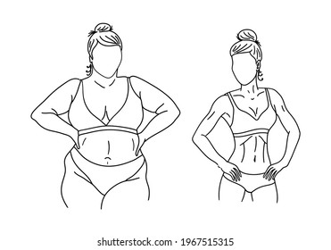 Fat and slim woman or girl. Before and after weight loss. Diet, exercises, healthy lifestyle concept. Hand drawn sketch. Vector illustration.