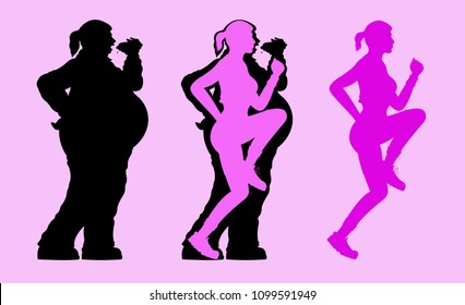 Fat and slim woman running silhouette. All the objects are in different layers.