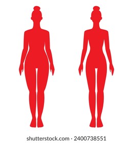 Fat and slim woman silhouette. Before and after weight loss. Body mass index. Obese woman and man silhouettes. Person with overweight. Female body with different weight vector illustration. 