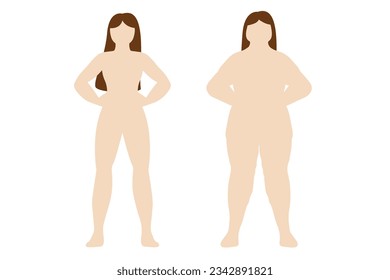 Fat and slim woman silhouette. Weight loss. Before and after. Body mass index vector illustration. Obese woman and man silhouettes. Person with overweight. Female body with different weight.