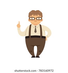 nerd sonriente gordo con el dedo índice hacia arriba. Caricatura de hombre con gafas, camisa, corbata, pantalones con tirantes. Persona inteligente. Diseño vectorial plano aislado