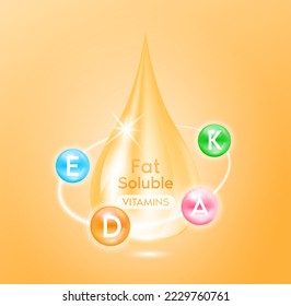 Fat soluble vitamins. Multivitamins capsules around yellow oil droplets. Essential vitamin for human body. Medical concepts. Ad dietary supplement for pharmacy or clinic. 3D Vector. svg