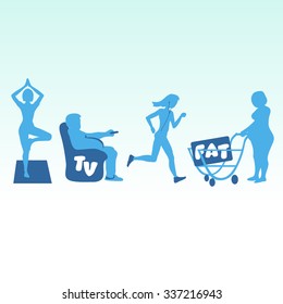 Fat and Sport silhouette. Active and physical inactivity silhouette set. Good and bad habits. Layered vector illustration.
