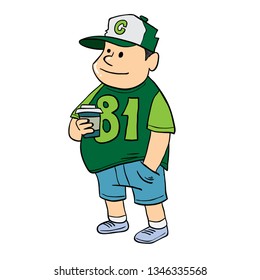 Fat sports fan holding a coffee paper cup