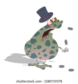 the fat spotted toad in the hat won the jackpot and received a cash prize. Vector illustration on a white background with shadow.