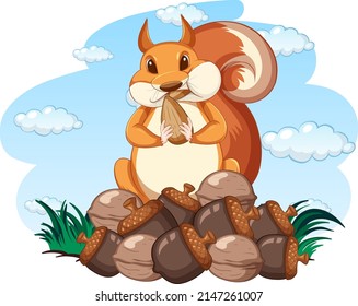 Fat squirrel and big pile of nuts illustration