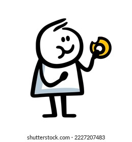 Fat stick figure of man eating donut with pleasure. Vector illustration of funny hand drawn cartoon character.