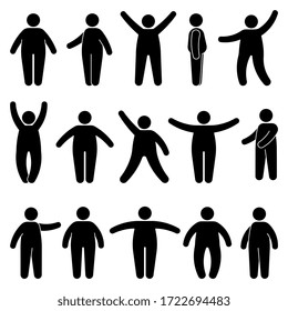 Fat stick figure man standing front, side view in different poses vector icon illustration set. Obese male hands up, waving, pointing, showing silhouette pictogram