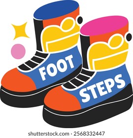 A fat sticker of shoes with footsteps typography