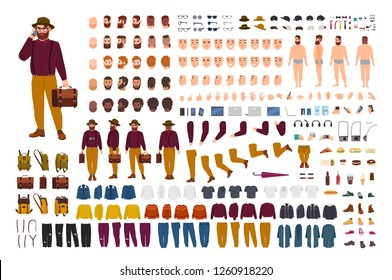 Fat or stout man constructor set or DIY kit. Bundle of flat cartoon character body parts in various postures, stylish clothes isolated on white background. Front, side, back view. Vector illustration.