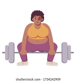 Fat strong black plus size woman with natural hair in cute sportswear. Workout. Exercises. Concentrated person raises barbell. Deadlift sumo style. Isolated flat minimal simple cartoon illustration