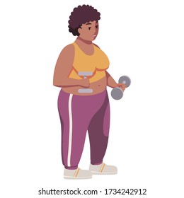 Fat strong black plus size woman with natural hair in cute sportswear. Workout. Person smiles and trains with dumbbells. Bicep curls. Exercises. Isolated flat minimal simple cute cartoon illustration