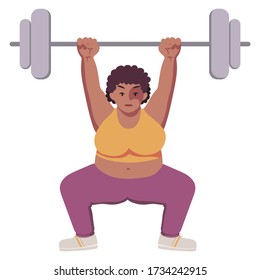 Fat strong black plus size woman with natural hair in cute sportswear. Workout. Exercises.Concentrated person raises the bar. Weightlifting. Snatch, clean and jerk. Isolated flat cartoon illustration