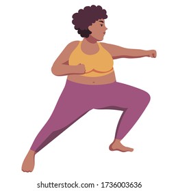 Fat strong black plus size woman with natural hair in cute sportswear. Workout. Exercises. Serious face. Martial arts. Combat stance. Isolated flat minimal simple cute cartoon illustration